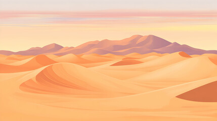 Naklejka premium Vast desert landscape with rolling sand dunes under a colorful sky.