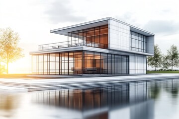 Obraz premium Modern Minimalist Glass House Design with Reflection on Water Surface at Sunrise : Generative AI