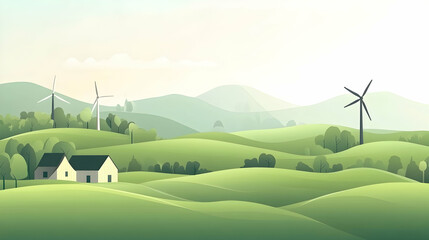 A beautiful countryside landscape with rolling hills, green meadows, and wind turbines in the background.
