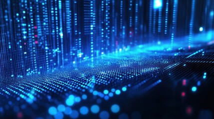 Abstract digital background with glowing blue lines and dots, representing data flow and digital transformation.