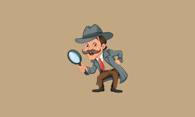 Detective with mustache examining through a magnifying glass.