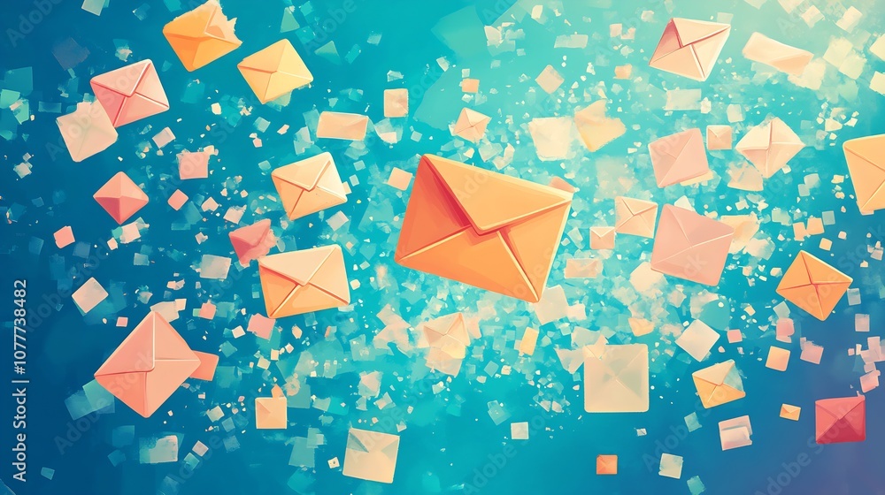 Poster vibrant sea of flying envelopes on turquoise background for communication themes : generative ai