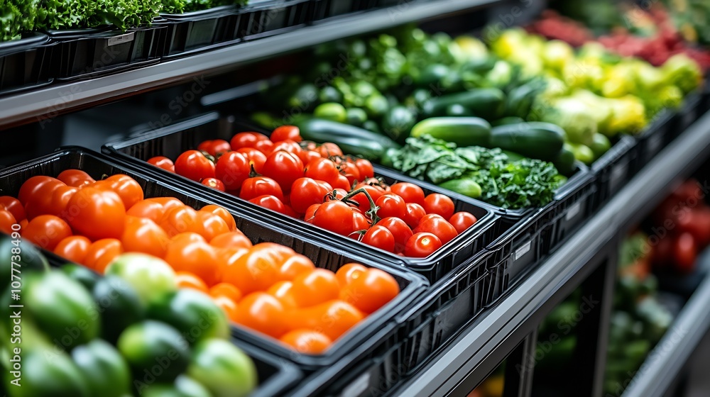 Poster vibrant grocery store fresh vegetables display with tomatoes and cucumbers : generative ai