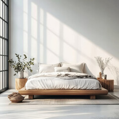 Rustic wooden bed against empty white wall with copy space Scandinavian loft interior design  bedroom