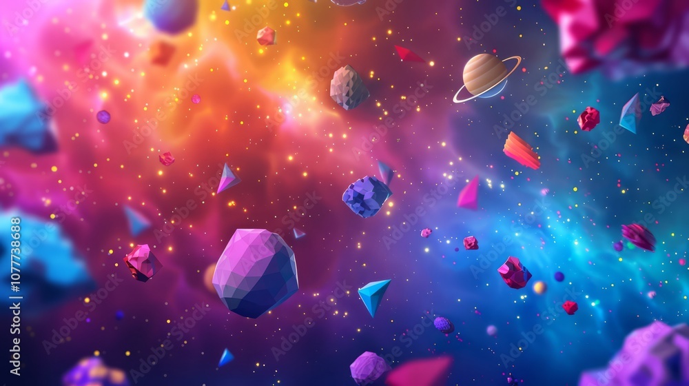 Poster low poly galaxy with blocky stars and angular shapes