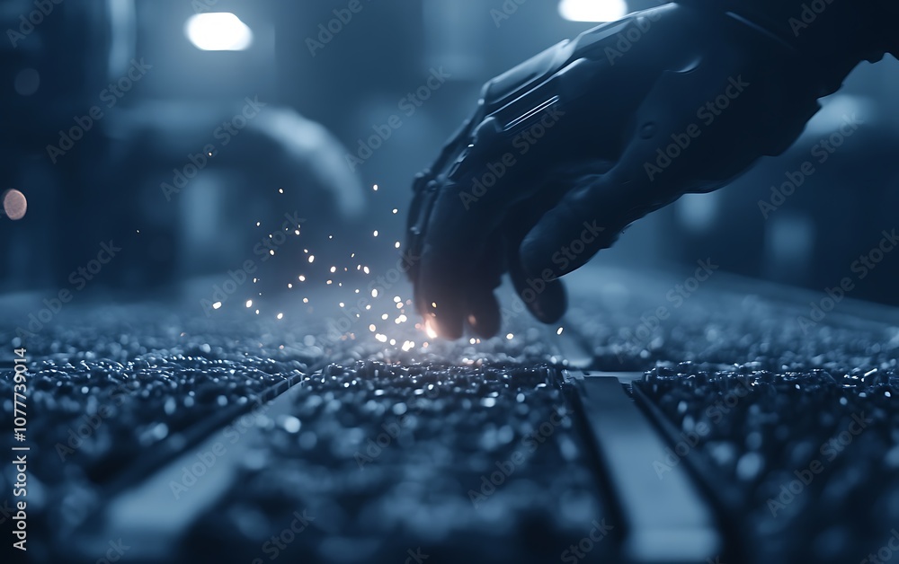 Poster a close-up of a gloved hand working on a spark-producing surface, highlighting a high-tech, industri