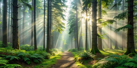 A Sunlit Pathway Through a Verdant Forest, Where Golden Beams Pierce the Mist, Illuminating the Ancient Trees and Their Lush Undergrowth