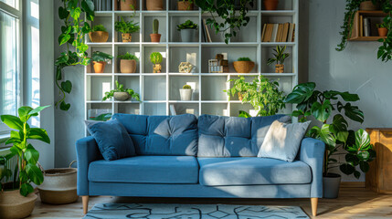 Modern Minimalist Living Room Interior Design Featuring a White Square-Spaced Bookshelf, blue Sofa, and Plants