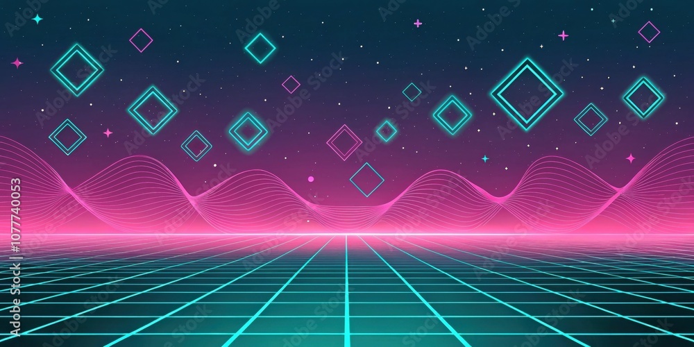 Poster glitchy memories a mesmerizing gradient grid in neon pink and teal serves as a backdrop adorned with