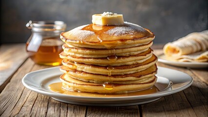 A towering stack of golden pancakes drizzled with syrup and topped with a pat of butter, a sweet and comforting breakfast treat