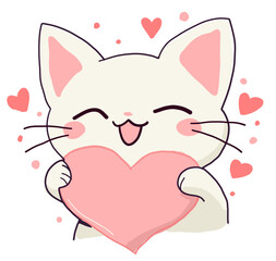 Abstract Cat kitten kitty head face holding big pink heart. Happy Valentines Day