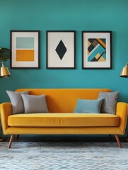モダンな黄色いソファと幾何学アートのリビングインテリア | Modern Living Room with Yellow Sofa and Geometric Art