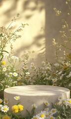 Simple studio aesthetic cosmetic studio background with podium in the, chamomile, immortelle, sage around ,generative ai