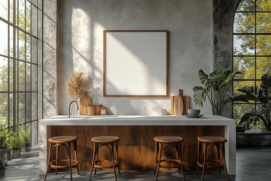 a blank white kitchen picture frame mockup sits against a minimalist backdrop inviting personalization and creativity showcasing a clean and modern aesthetic