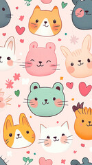 Cute flat pattern with cartoon cats and hearts on white background