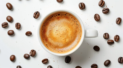 Fototapeta premium Small espresso cup with coffee beans isolated on white background