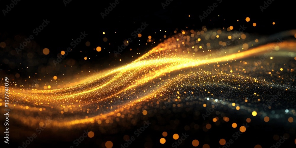 Poster digital gold particles wave and light abstract background with shining floor particle stars dust. fu