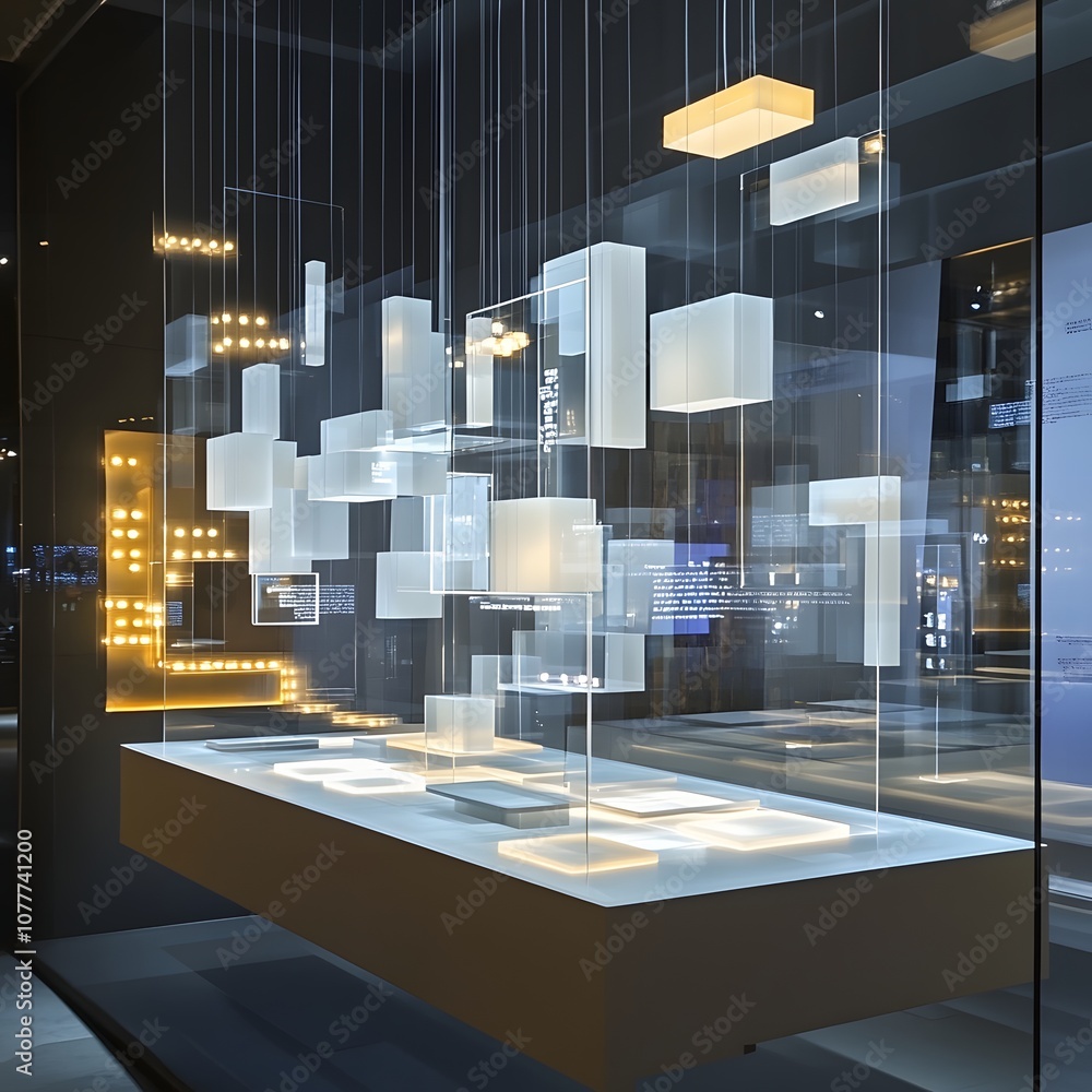 Poster 42. a sleek 3d display with transparent panels, floating geometric elements, and a wide open area fo