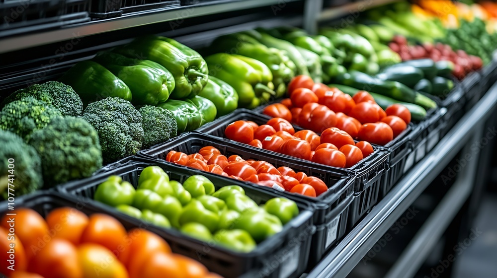Poster fresh and colorful vegetable aisle in grocery store with tomatoes and peppers : generative ai