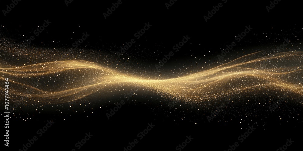Poster digital gold particles wave and light abstract background with shining floor particle stars dust. fu