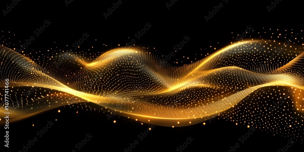 Aufkleber digital gold particles wave and light abstract background with shining floor particle stars dust. fu