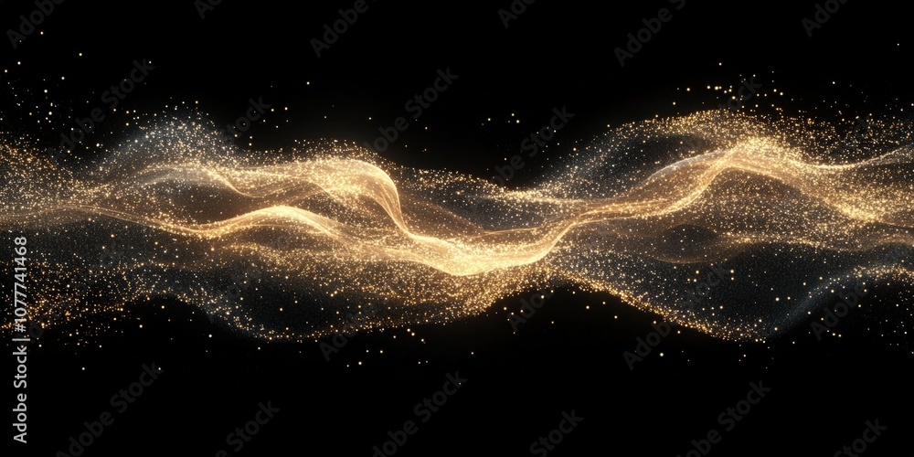 Aufkleber digital gold particles wave and light abstract background with shining floor particle stars dust. fu