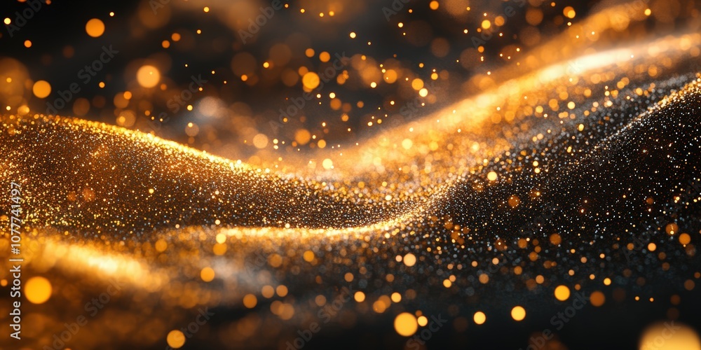 Poster digital gold particles wave and light abstract background with shining floor particle stars dust. fu
