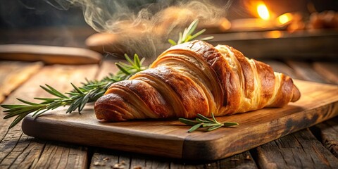 A freshly baked croissant with a warm, golden hue, resting on a rustic wooden board, adorned with sprigs of rosemary, emitting a tantalizing aroma of buttery delight.