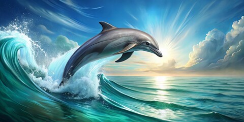 Obraz premium A Dolphin Leaps Through a Breaking Wave, Illuminating the Horizon with a Burst of Sunlight