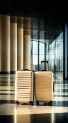Stylish Beige Suitcases in Contemporary Airport Setting with Light Play : Generative AI