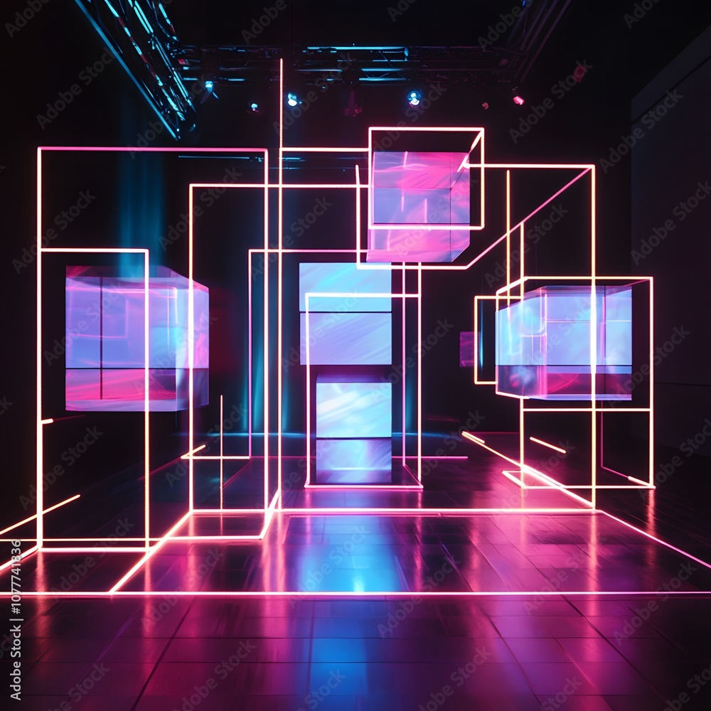 Poster 44. a dynamic 3d stage with rotating digital cubes, glowing lines, and vertical space for product di