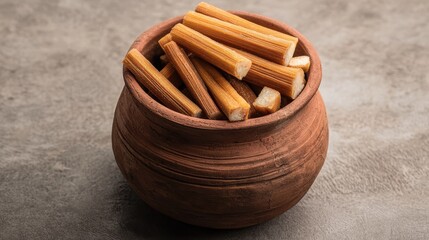 Rustic Clay Pot Filled with Fresh Sugarcane Sticks, Capturing Natural Ingredients in Beautiful Earthy Tones for Culinary and Agricultural Imagery