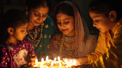 Fototapeta premium Celebration of Joy: Elders and Children Gather Together in a Festive Atmosphere to Share Traditions and Lights During a Special Cultural Event