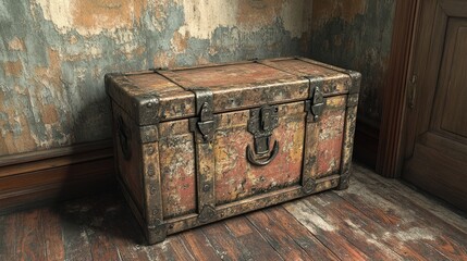 An old, weathered trunk resting on a wooden floor in a room.