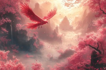 a captivating fantasy scene inspired by japanese art featuring ethereal landscapes mythical creatures and delicate cherry blossoms in a dreamlike ambiance