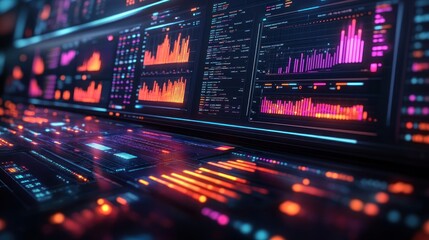 Obraz premium Futuristic data visualization interface with vibrant graphs and metrics.