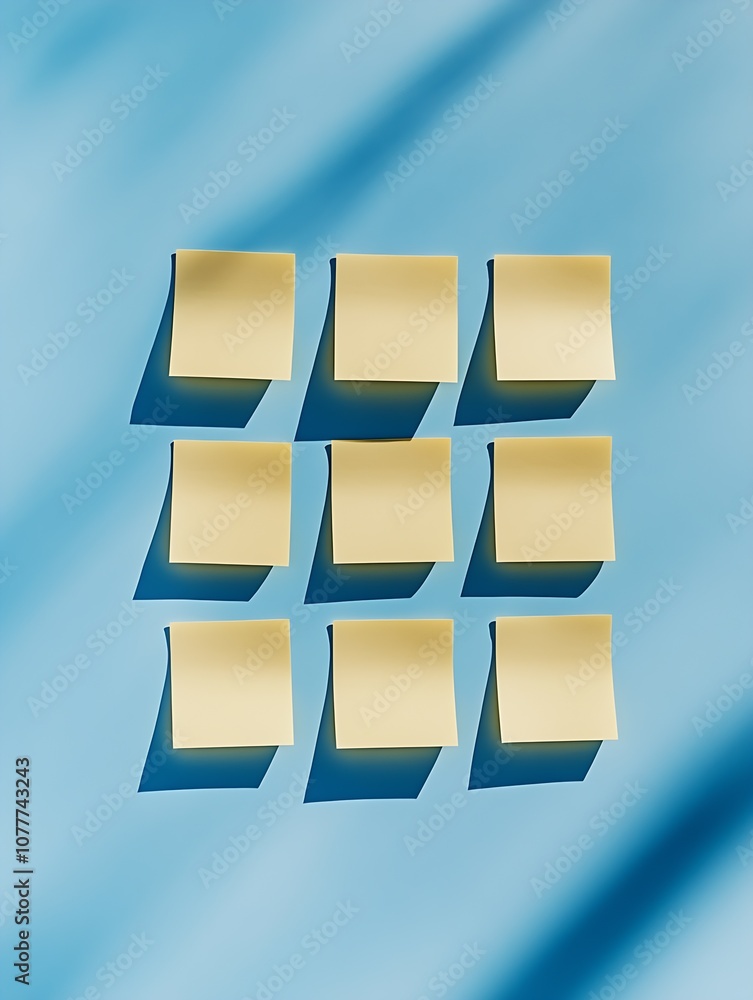 Poster Creative Pattern of Nine Yellow Sticky Notes on Blue Background with Shadows : Generative AI