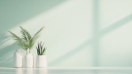 Serene Green Interior with White Ceramic Vases and Houseplants Illuminated by Sunlight : Generative AI