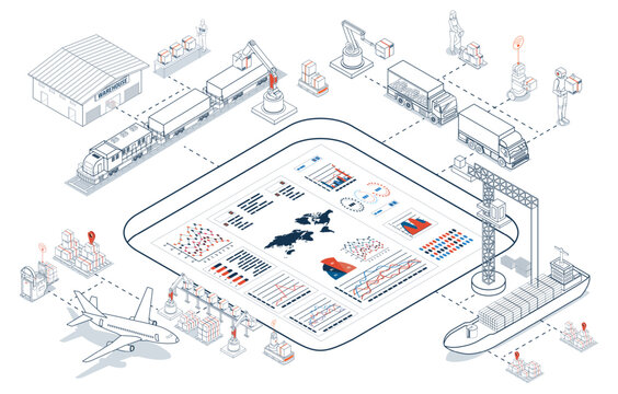 Global logistics network coordinates transportation, supply chain management (SCM), and operations across companies worldwide to deliver efficient logistics services. Vector illustration EPS 10