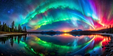 Serene reflection of the aurora borealis over a tranquil lake with a starry sky and a line of trees in silhouette