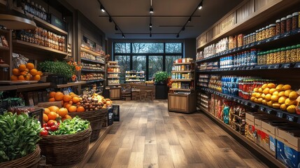 Fototapeta premium A well-organized grocery store with fresh produce and shelves.