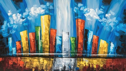 an abstract painting with a blue background