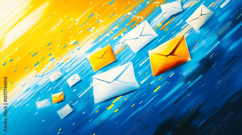Poster dynamic illustration of envelopes with energetic blue and yellow motion design : generative ai