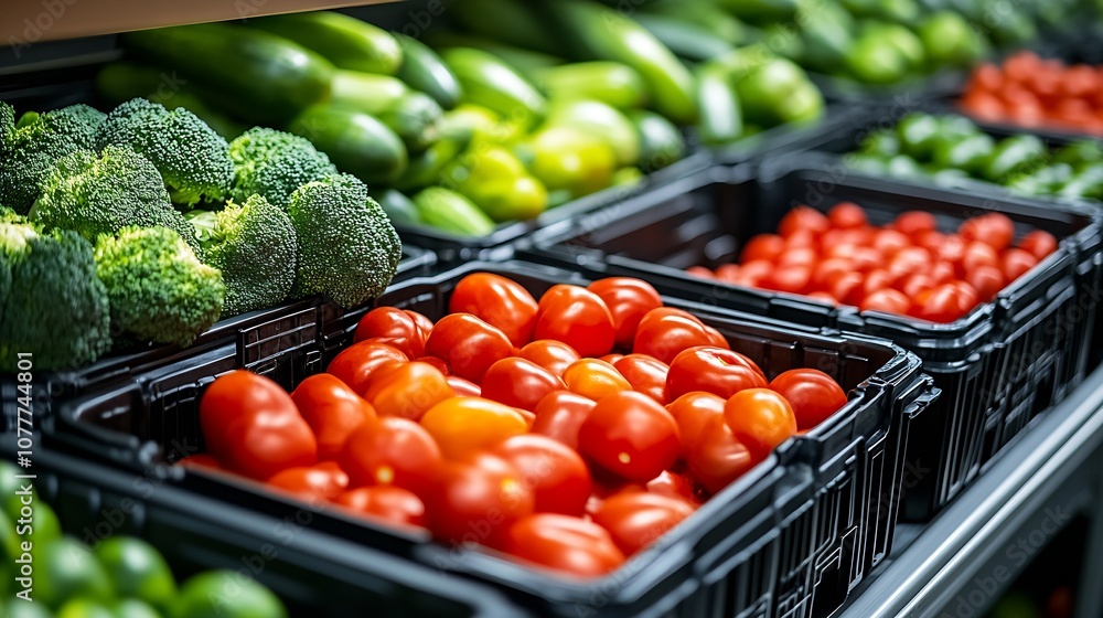 Poster close up of fresh tomato and broccoli display in supermarket aisle : generative ai