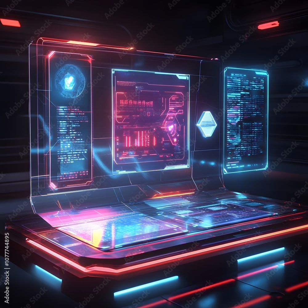 Poster 26. a high-tech 3d display with glowing shapes, floating panels, and plenty of space for showcasing 