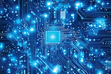 Obraz premium Futuristic vector illustration of a blue circuit board with intricate digital tech elements, perfect for advanced technology backgrounds. 
