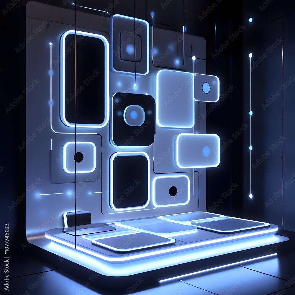 Poster 26. a high-tech 3d display with glowing shapes, floating panels, and plenty of space for showcasing 
