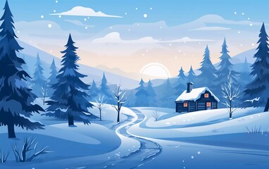 A serene winter landscape featuring a cozy cabin amidst snowy trees and gentle hills.