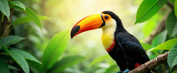 Obraz premium Colorful toucan perched on branch in lush green rainforest