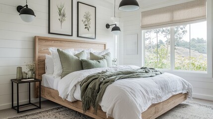 Modern Farmhouse Master Bedroom Design with White Walls, Sage Green Accents, Natural Linen Roman Blinds, Black Pendant Lights, and Nature-Inspired Art for a Cozy and Inviting Atmosphere